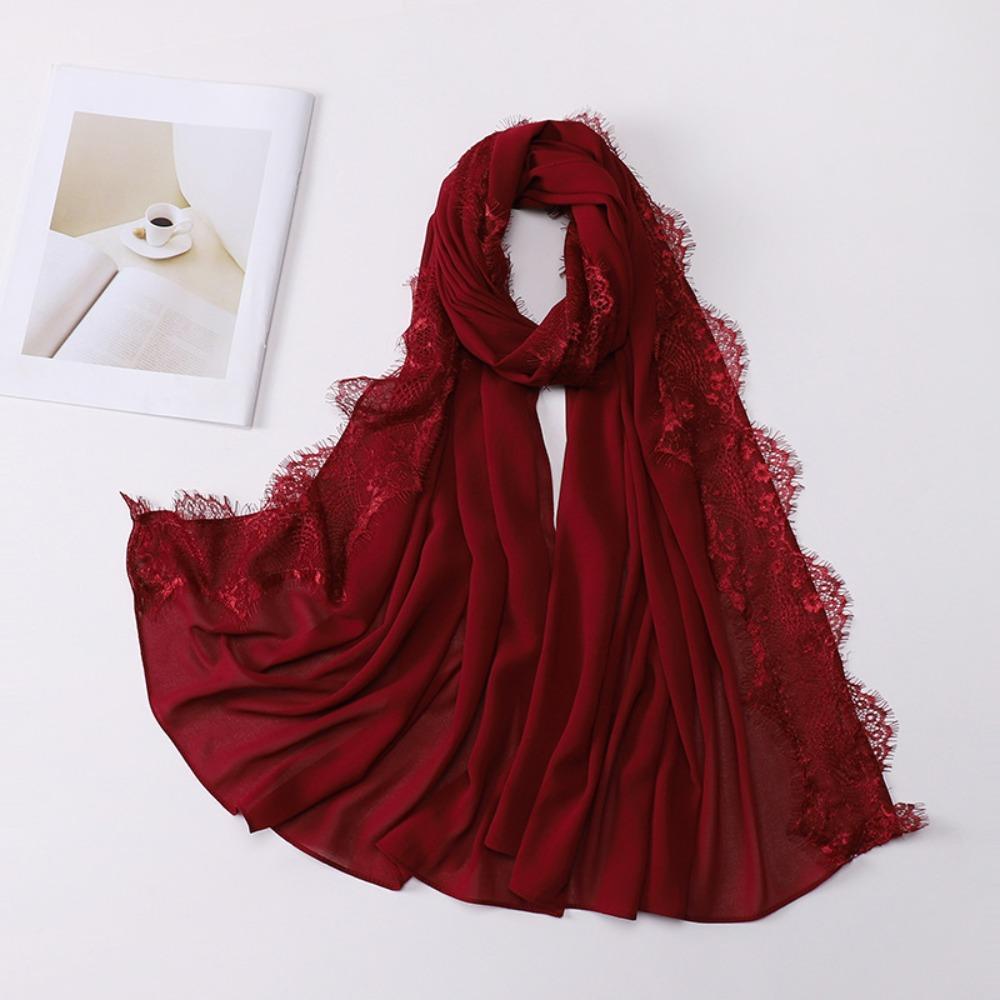 Lace Edge Silk Scarf Solid Color Ramadan Headscarf Versatile Sunscreen Shawl  Women Headwear
