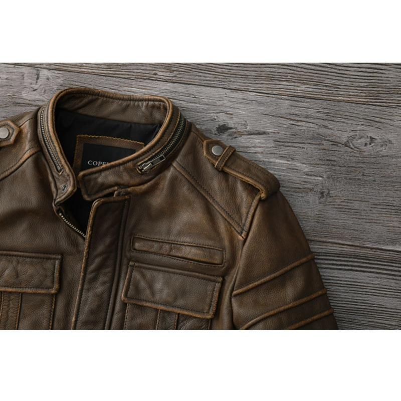 Chinese Size Men Leather Jacket Style Brown Genuine Cowhide Coat Soft Slim Fit Spring Vintage