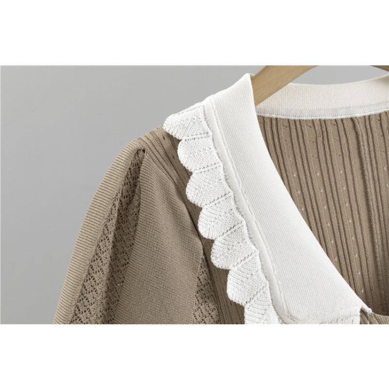 Spring and Autumn Women's Gentle Doll Collar Knitted Dress Plus Size Temperament High Waist Skinny Medium Long Dress