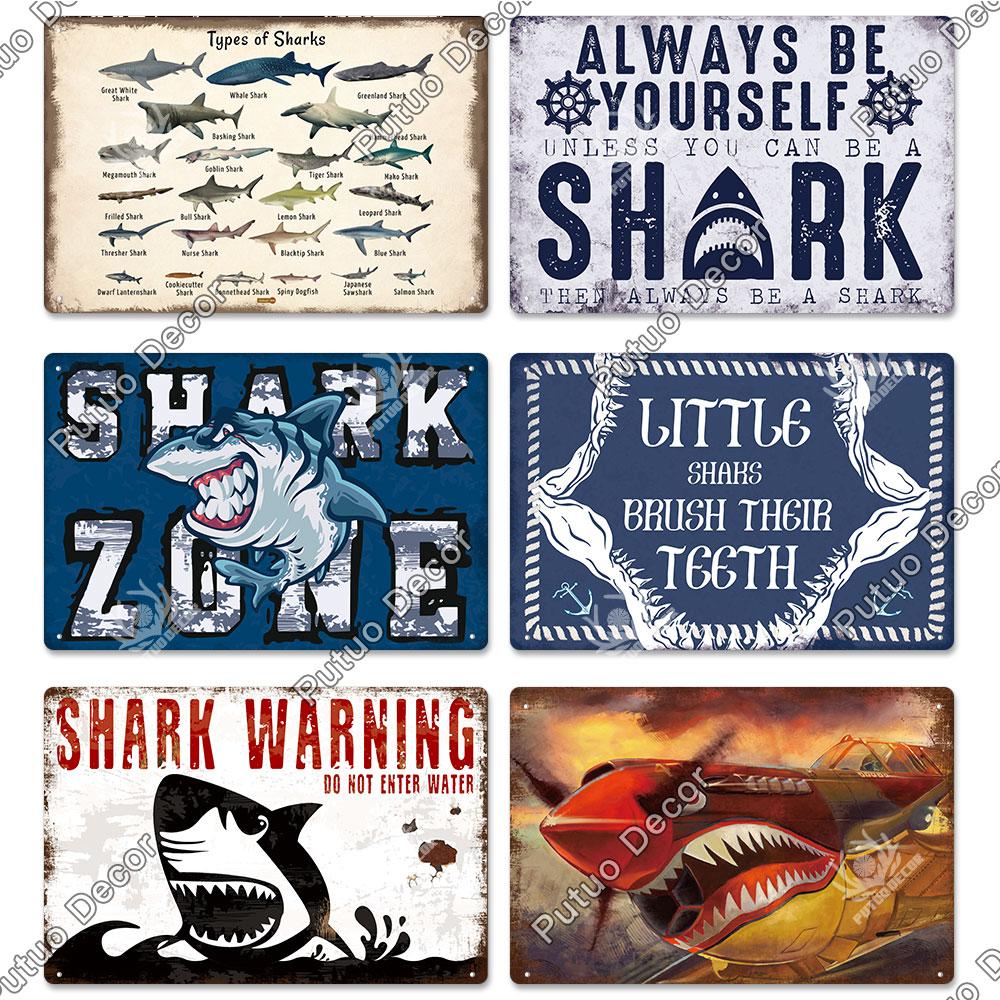 Putuo Decor Shark Sign Metal Signs Vintage Tin Sign Funny Warning Movie Poster for Bar Pub Kitchen Club Man Cave Wall Decoration