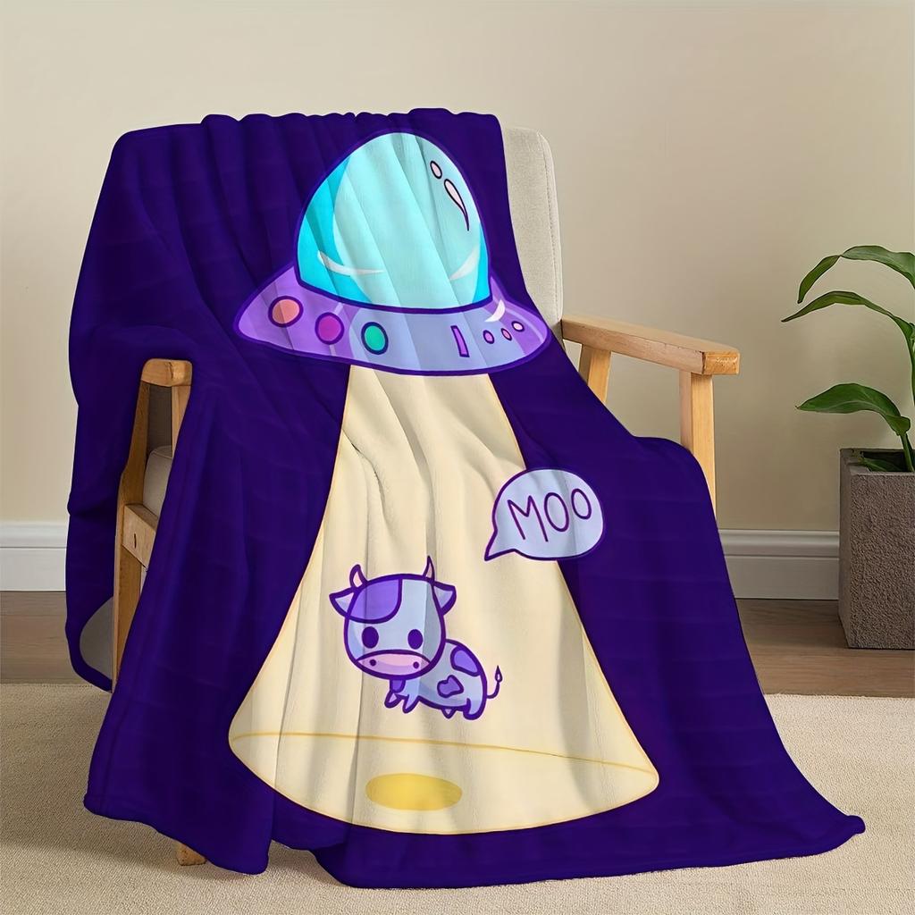 Cozy Alien Cow Blanket Cute Cartoon Spaceship Soft Warm Throw for Bed Sofa Travel All Seasons