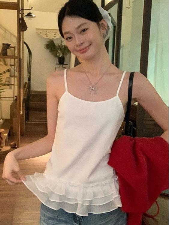 Pure Desire Cotton Lace Ruffle Camisole: Women's White Tank Top for Spring/Summer - Spicy Girl Style