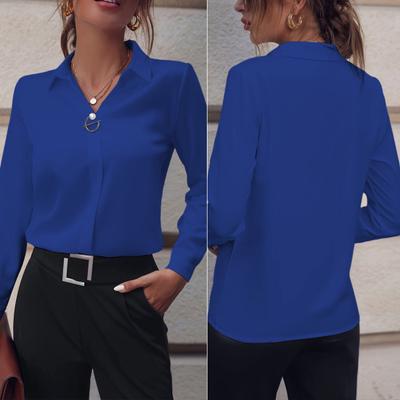 Camisa feminina lapela manga comprida decoração de pérola falsa ajuste regular camisa cor sólida blusa simples leve