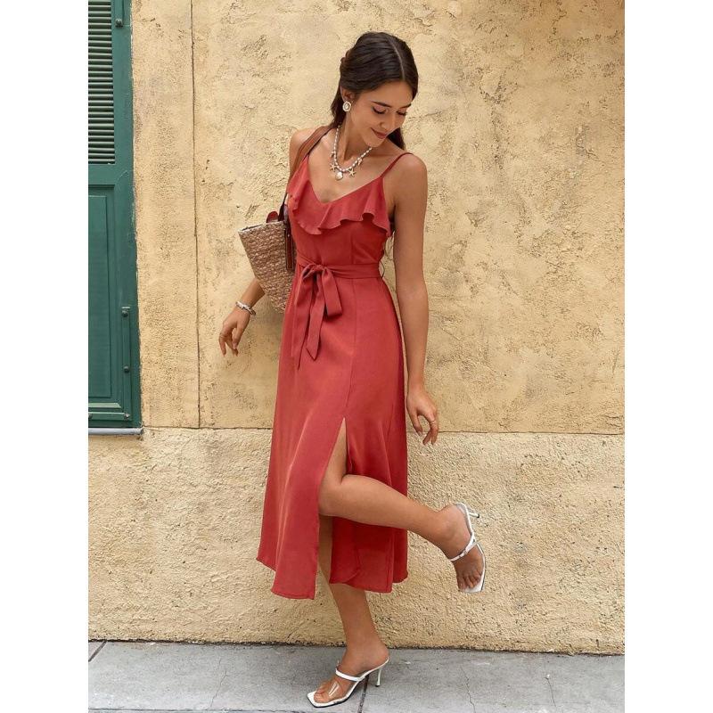 European summer new solid color elegant ruffle edge strap split suspender medium and long dress women