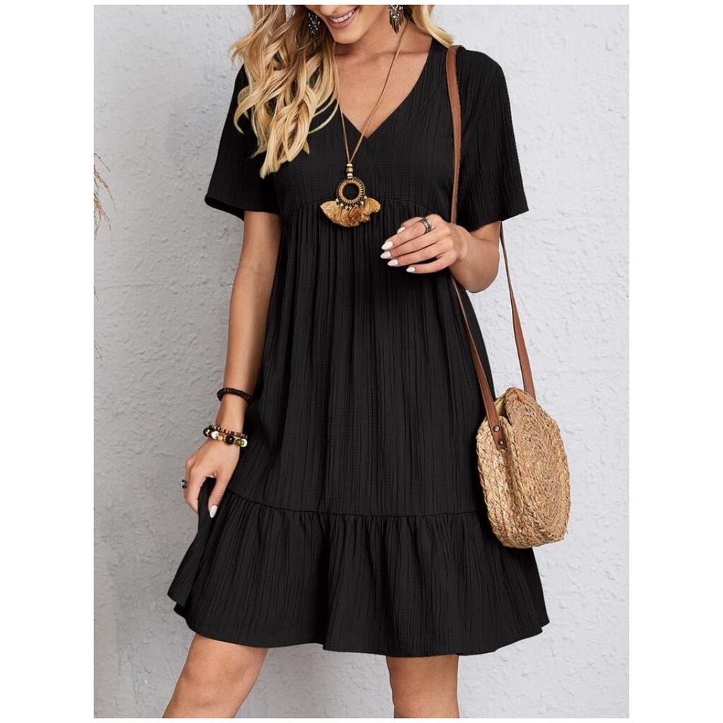 Women Vintage Mini Dresses Summer Solid Casual V Neck Ruffles Dress Ladies Boho Loose Beach Party Elegant Dresses
