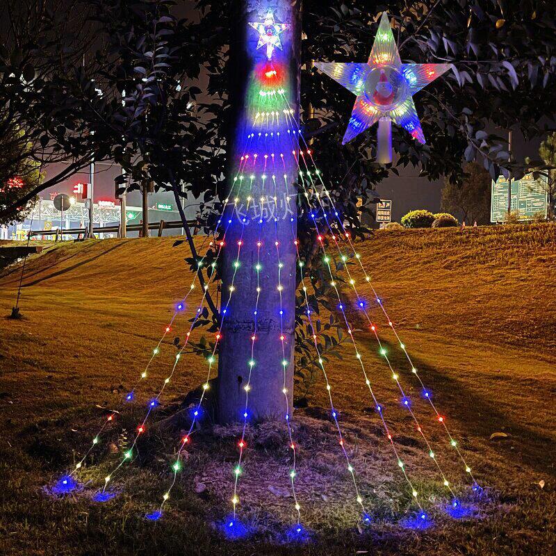 LED Solar Santa Pentagram Waterfall String Lights - Copper Wire Star Fairy Lights for Christmas Tree & Courtyard Decorations