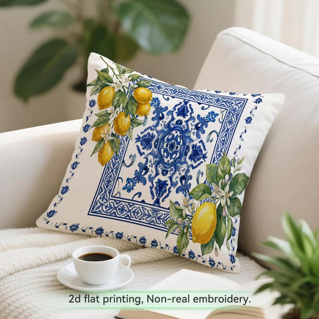 Jmg Clothing Unisex Blue/White Mediterranean Lemon Series Cushions Pillowcase Polyester Cushion Cover Throw Pillow Pillowcover Home Car Sofa Decor