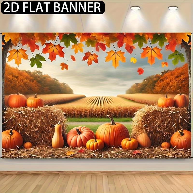 A flat banner measuring with colorful polyester fabric harvested in autumn as the background depicting beautiful pumpkins