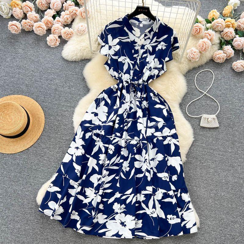 French Sweet Gentle V-neck Floral Chiffon Dress Women's Summer Tight Waist Elegant Slim Looking Vacation Style Fairy Dress
