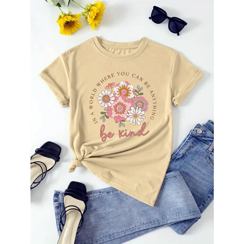 Women's Casual Short-Sleeve Crew Neck T-Shirt with Floral and Letter Print - Perfect Choice for Spring and Summer
