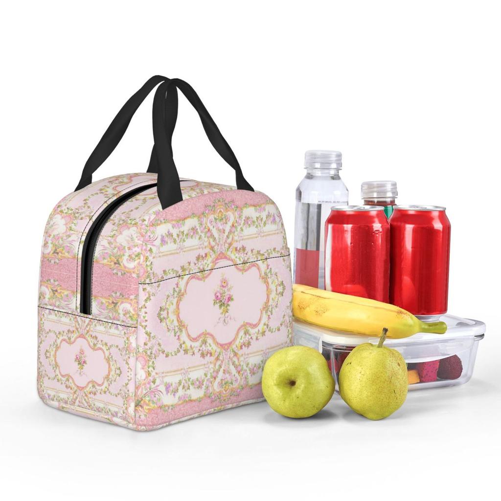 French Rococo Pink Floral Watercolor Panel Insulated Lunch Bag for Kids School Cooler Thermal Food Box Tote Lunch Boxes