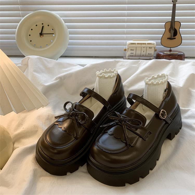 Fashion Retro Thick Soled Women's Shoes 2025 Spring and Autumn New Uniform Bow Leather Pumps Loafers Shoes Cute Student Single Shoes