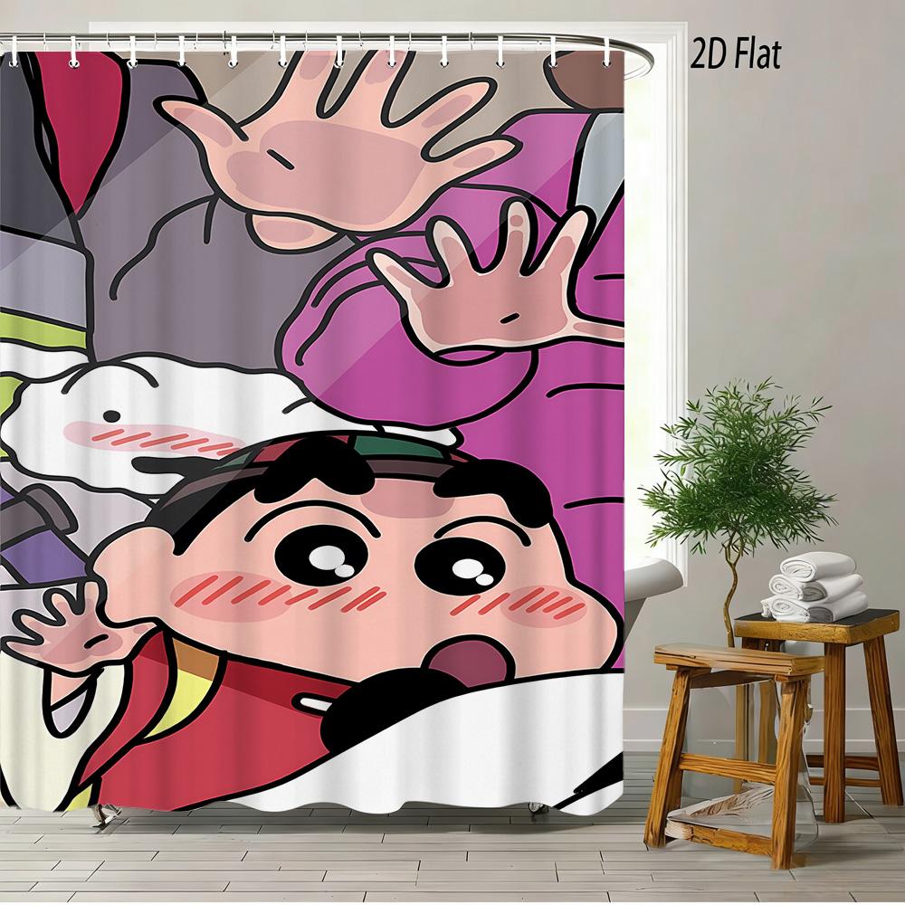 Crayon Shin-Chan Running & Cheering On Mountain Top 2D Print Waterproof Shower Curtain, Minimalist Blue Sky Bathroom Decor With