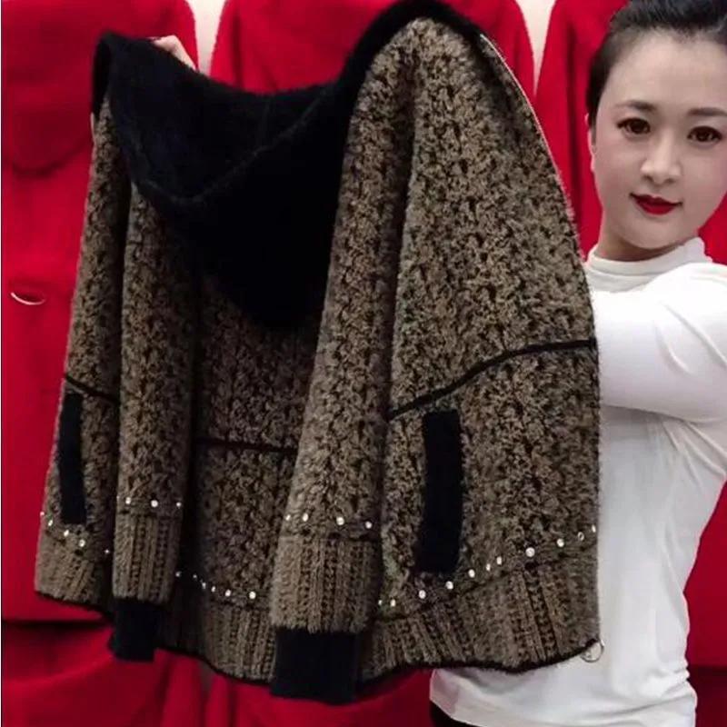 

Женский осенне-зимний кардиган из вязаного трикотажа из норкового велюра, куртка для среднего возраста, короткий с капюшоном, большого размера, элегантное пальто-свитер S