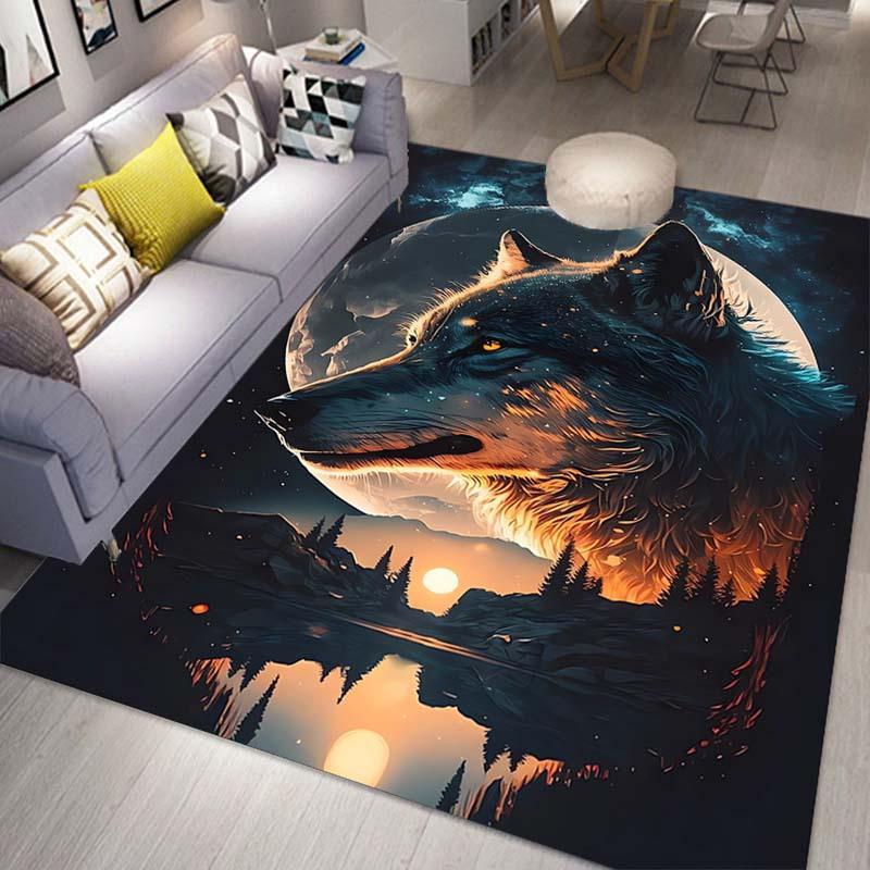 Flannel Printed Wolf Moon Rug Night Sky Landscape Soft Fleece Floor Mat Living Room Carpet Wildlife Art Decor Rugs