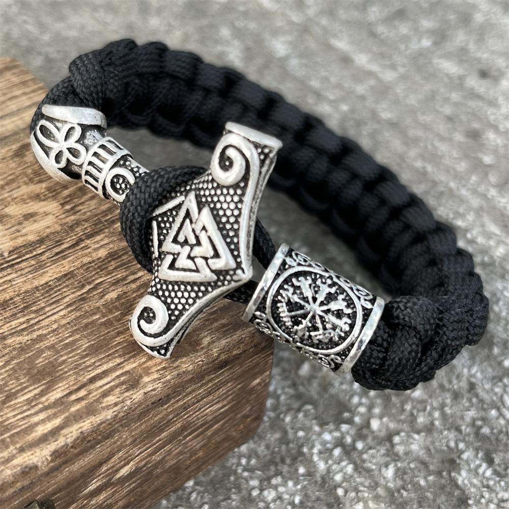 Viking Thor Hammer Valknut Vegvisir Runes Beads Jewelry Handmade Braided DIY Paracord Bracelet Mens Womens Accessories