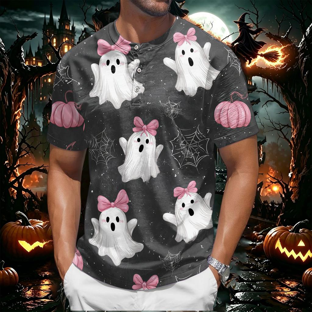 Men's Halloween Print Short Sleeve Henley Shirt Casual Button Up T-Shirt Lightweight Breathable Fabric for Everyday Wear