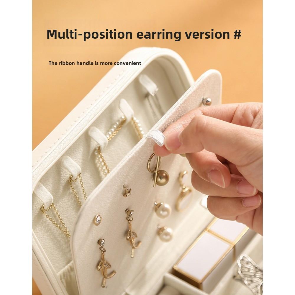 Leather Zipper Stud Earrings Storage Jewelry Box with Baffle Earrings Ring Large Capacity Jewelry Jewelry Portable Box