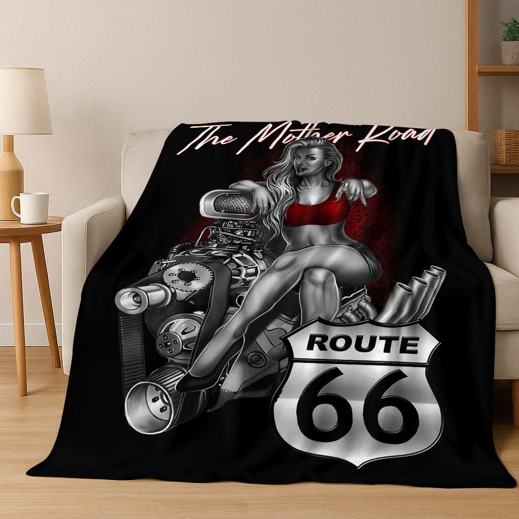 Retro Route 66 Road Trip America Historic Mother Road Art Flannel Blanket,Cozy Soft Throw Blanket for Home Bedroom Bed Sofa Gift