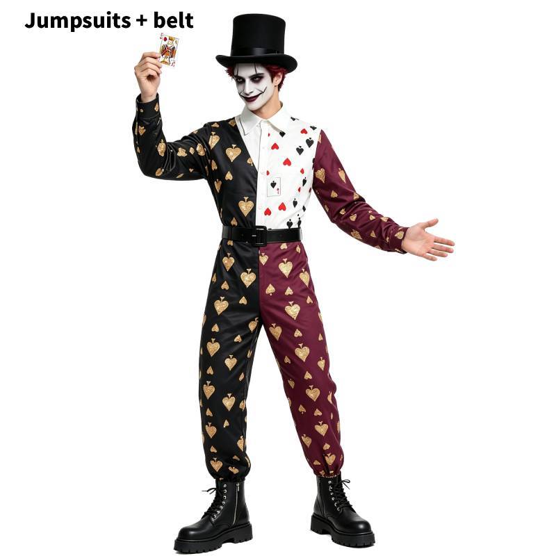 Halloweenový temný cirkusový klaunský overal s potiskem pokerových karet pro cosplay a kostýmovou párty