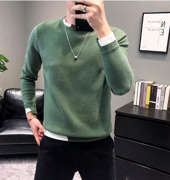 Men s Autumn Crewneck Color Block Sweater - Korean Style Long Sleeve Casual Knit Top M зелёный