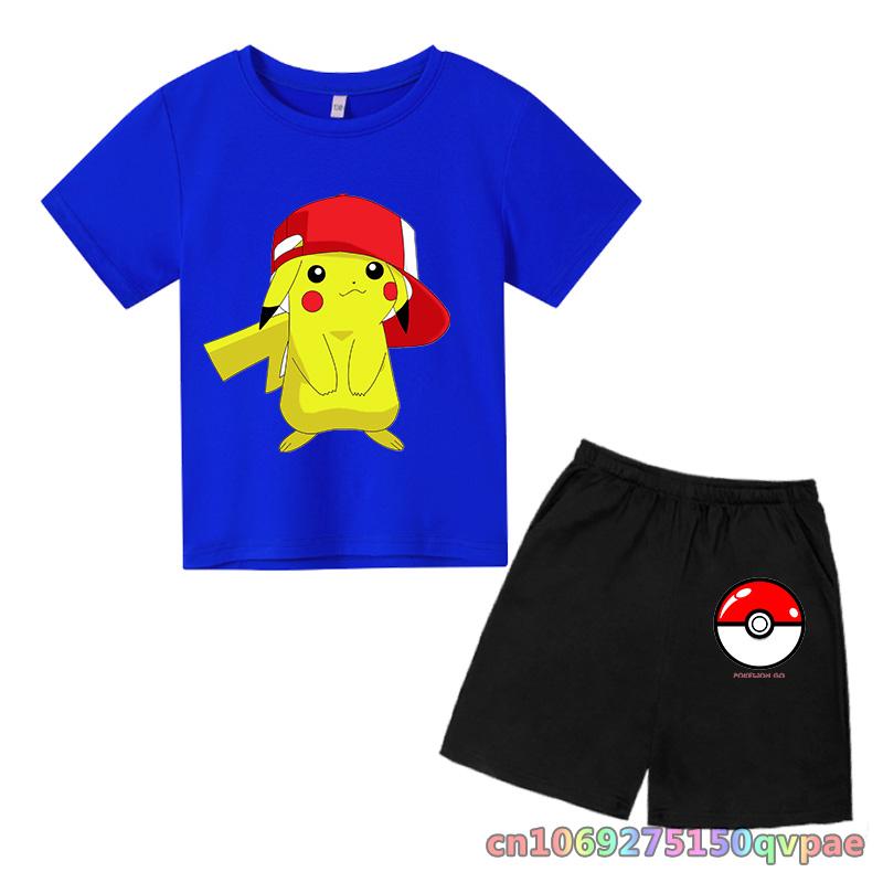 Children's Clothes Cartoon Summer Kids Animal Pokemon T-shirt Set Boys' Clothing  Leisure Cotton Pikachu Print Short Sleeve