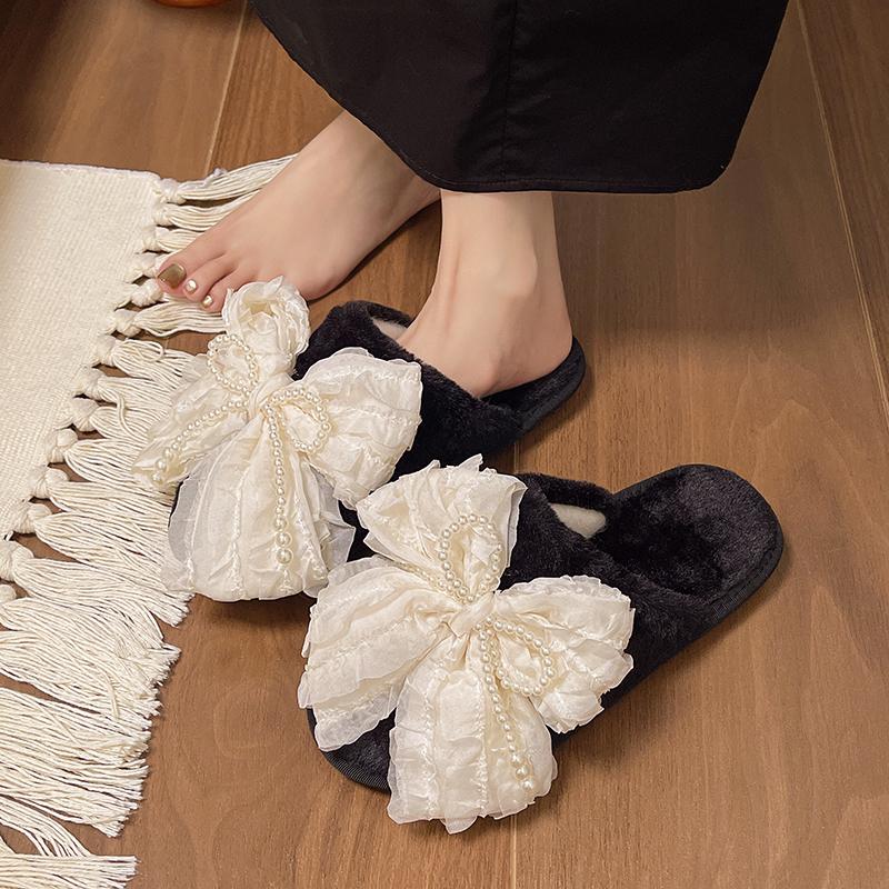 Fashion 2024 Winter Bow Ladies Home Slippers Casual Cute Comfortable Baotou Flat Slippers Fashionable Soft Women's Shoes Chanclas Mujer