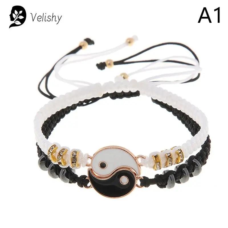 

2 шт. Тай Чи Инь Ян пара браслетов ожерелья набор кулон регулируемая плетеная цепочка браслет соответствующие браслеты для влюбленных колье