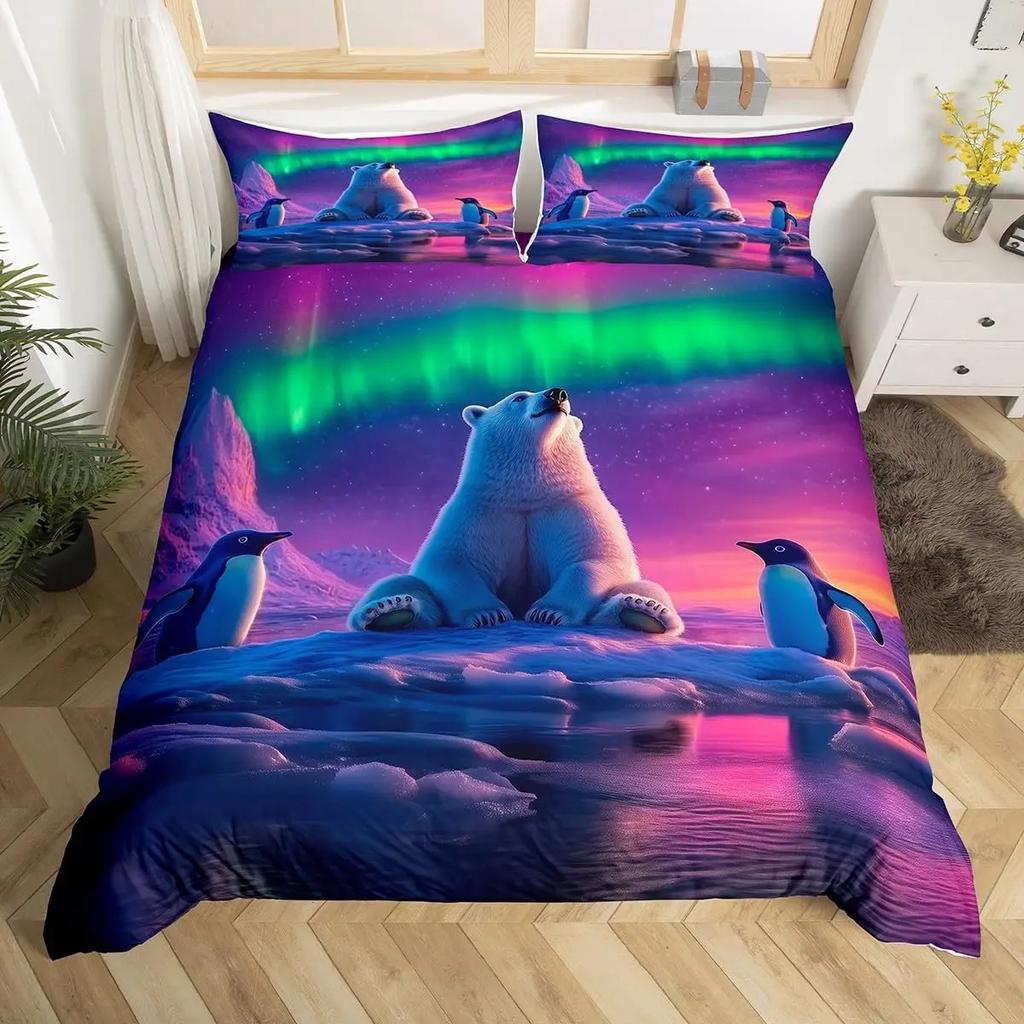 Penguin Duvet Cover Twin Queen Size Antarctic Animal Bedding Set For Kids Boys Girl Cartoon Black White Wildlife Comforter Cover