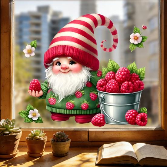 Spring Gnome Window Clings Floral Berries Gnome Glass Stickers Double-Sided Reusable Static Decals