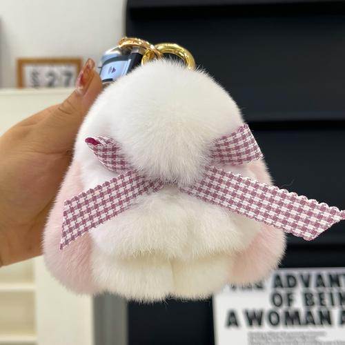 Real Rex Rabbit Hair Bowknot Little Rabbit Car Key Chain Pendant Cute Plush Drop Ear Rabbit Doll Bag Pendant
