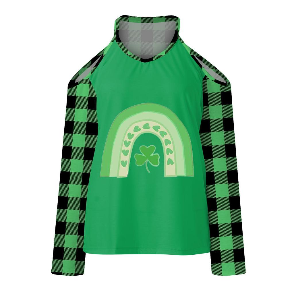 Mode féminine décontractée col en V St. Haut t-shirt à manches longues et épaules dénudées imprimé Saint-Patrick