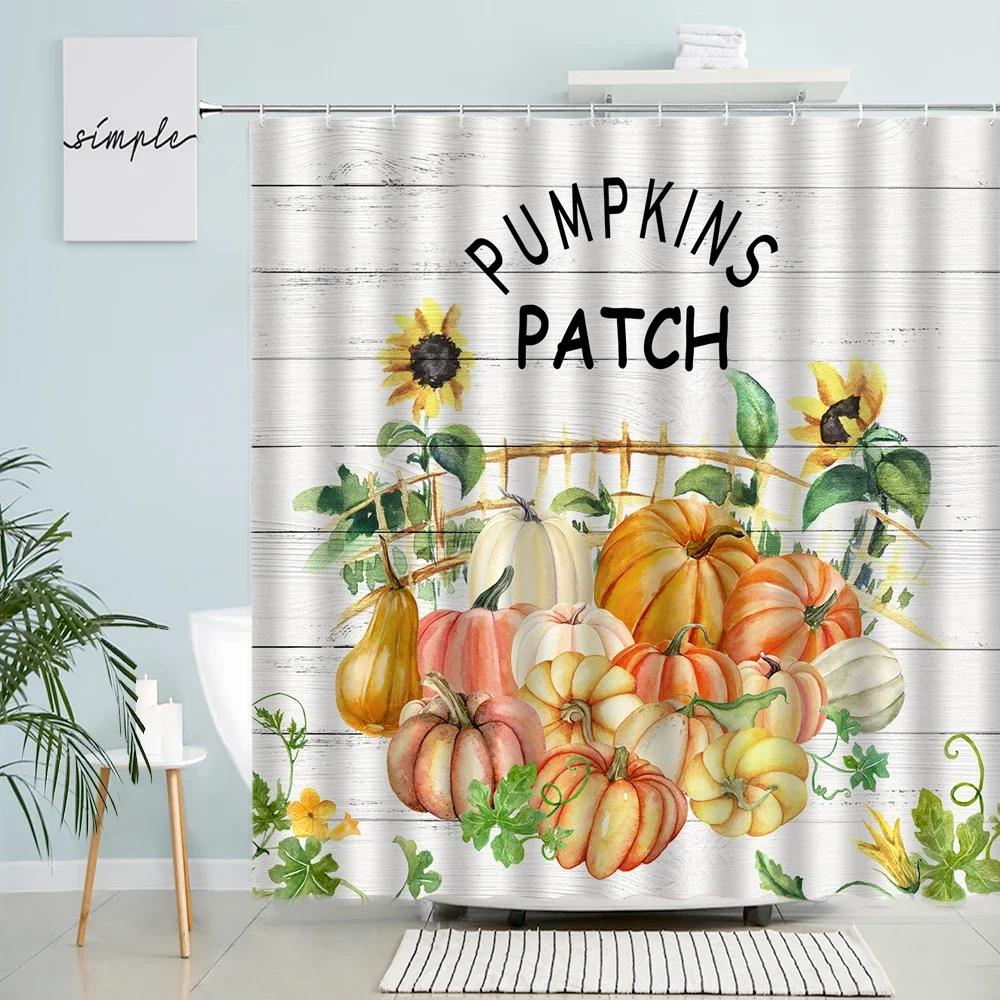 Autumn Farm Pumpkin Truck Shower Curtains Maple Leaves Tree Sunflower Squirrel Cat Harvest Bath Curtain Cloth Bathroom Decor Set