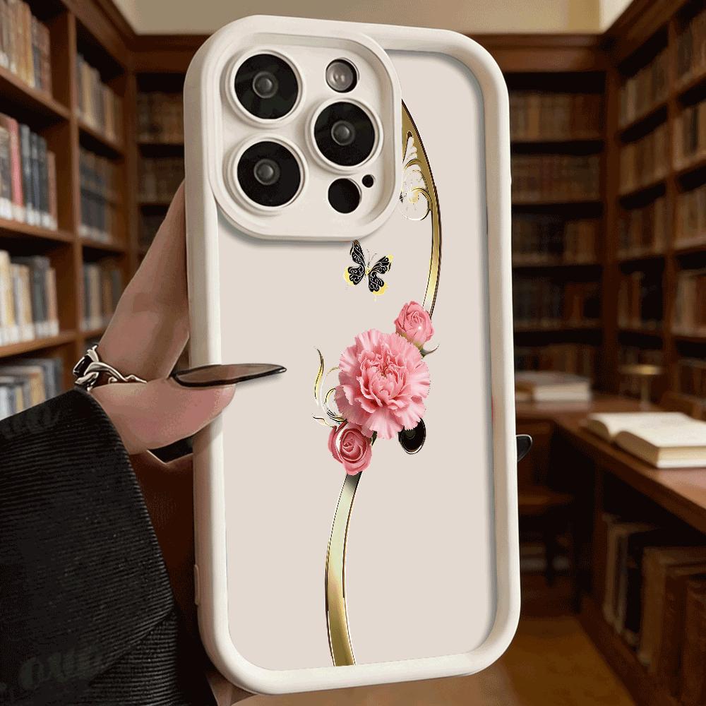 Pink Carnation Golden Swirls Luxury Anti-Slip TPU Phone Case For Xiaomi Redmi Note 15 14 13 12 11 10 9 Pro Full Protective Cover