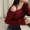 One-Shoulder Lace-Up Knit Sweater - Irregular Neck Slimming Long Sleeve for Women