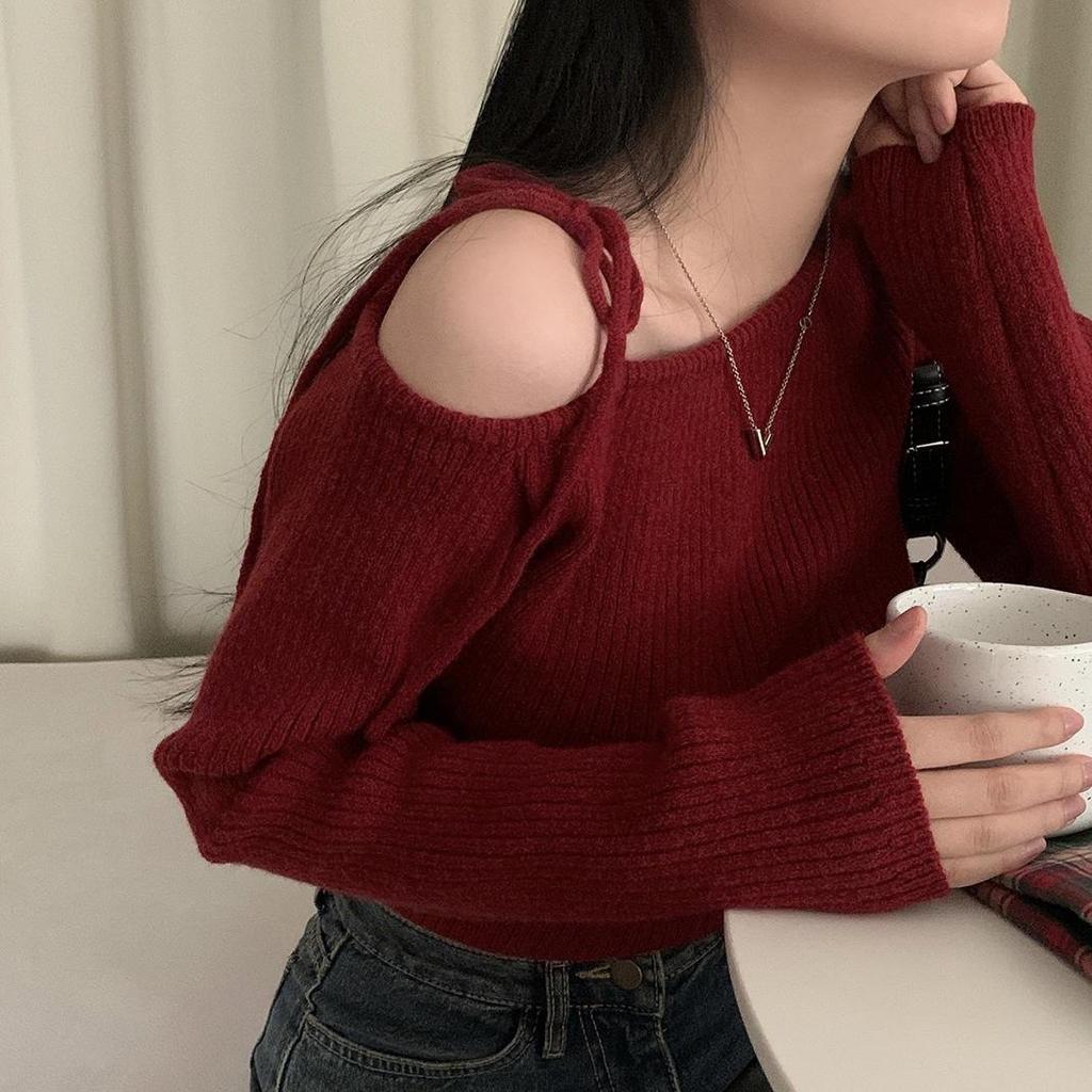 One-Shoulder Lace-Up Knit Sweater - Irregular Neck Slimming Long Sleeve for Women