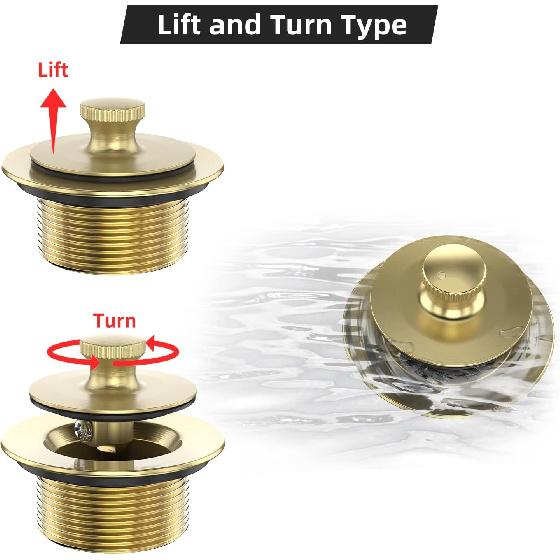 Brushed Gold Bathtub Drain Bath Tub Trim Set Conversion Kit Assembly, All Brass Lift and Turn Twist Tub Drains Replacement Trim Kit with Two-Hole