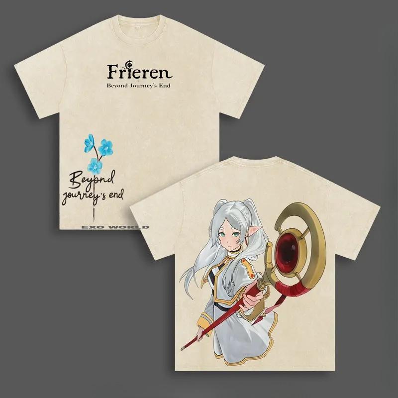 Frieren: Beyond Journey's End Anime T Shirt Vintage Washed Oversized T-shirt For Men's Clothing Short Sleeve Cotton Tees Tops