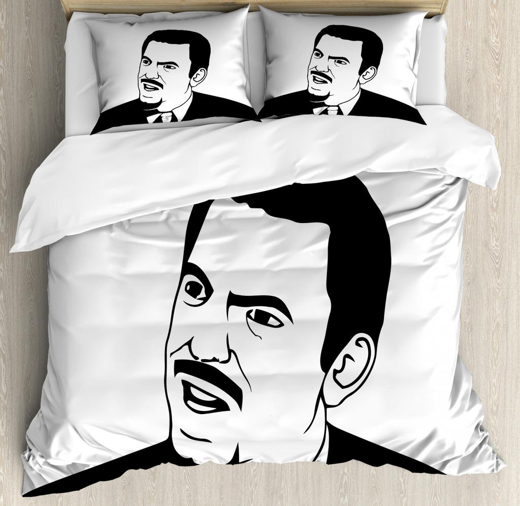Humor Decor Queen Size Duvet Cover Cartoon Style Troll Face Guy with Popular Artful Facial Expression Soft Polyester Bedding Set