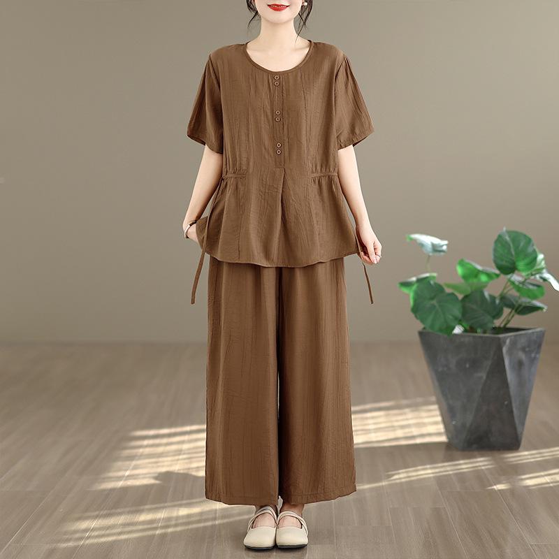 Women s Large Size Tencel Cotton-Linen Summer Suit: Slimming Round Neck Top & Wide-Leg Pants Two-Piece Set Large кофейный