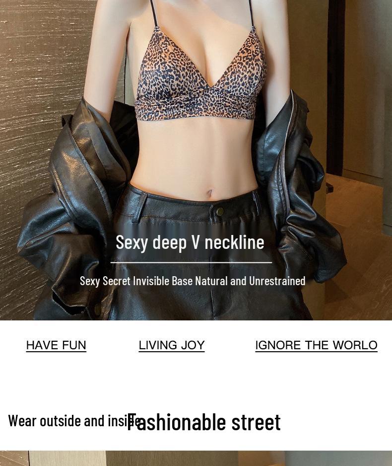 Leopard Print Wire-Free Deep V Lingerie Set - Women's Sexy Triangle Cup Spaghetti Strap Bra
