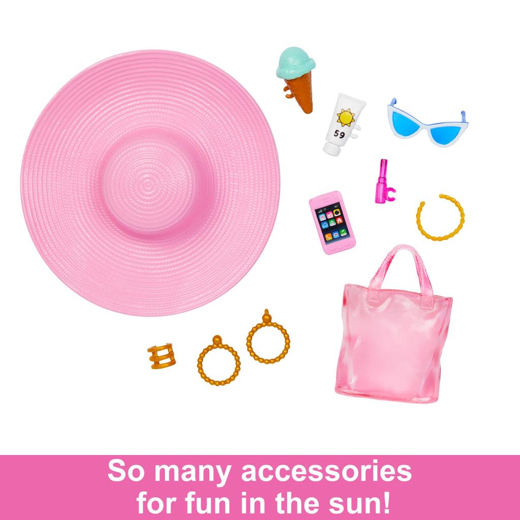 BARBIE Blonde Puppe Mit Tragetasche Und Kinder Ab 3 HPL73 - Pink-weißem Badeanzug, Sonnenhut, Strand-Accessoires, Für Jahren,
