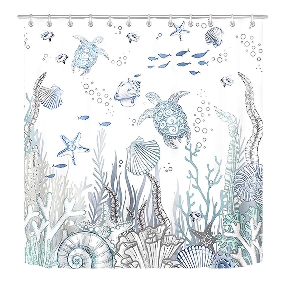 Coastal Turtle Shower Curtain Fish Coral Starfish Shell Blue Ocean Beach Waterproof Polyester Fabric Bathroom Curtains