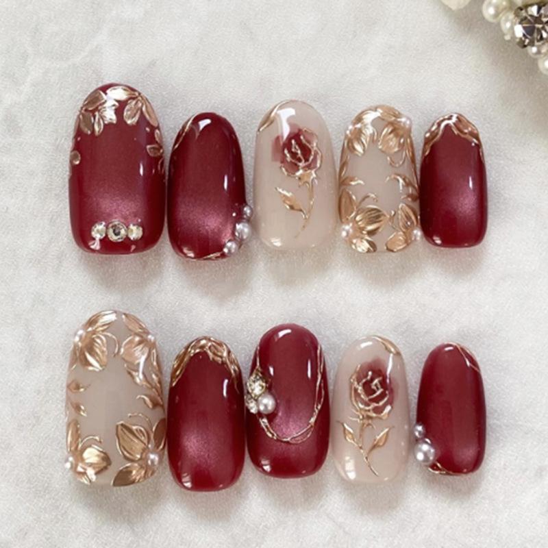 24Pcs Gold Cat Eye French Pearl Fake Nails Medium Almond Glitter Irregular Line Press On Nails