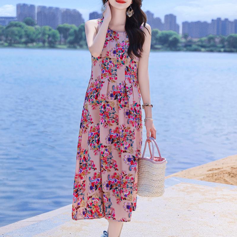 Elegant Sleeveless Beach Dresses For Woman Plus Size Casual Loose Vintage Print Long Dress Summer Women's Clothing
