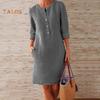 Hi Cutie Women Clothing Loose Solid Color Buttons Cotton Linen Long Sleeve Midi Dress