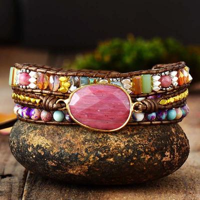Naturroter Steinmuster handgewebtes Perlenarmband für Damen, Böhmisches mehrlagiges Armband