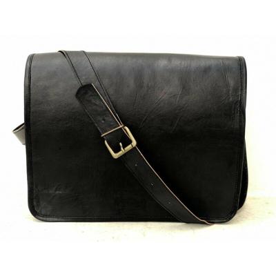 Men's Real Goat Leather Vintage Black Messenger Shoulder Laptop Bag Briefcase