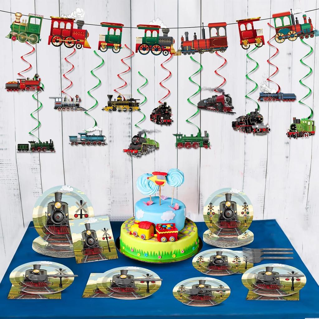 party greeting 109Pcs Train Birthday Party Supplies Includes Steam Train Party Plates Napkins Fork Retro Train Banner Hanging Ceiling Swirls for