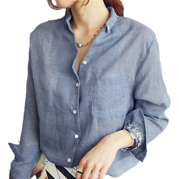 Plus Size Korean Style Long Sleeve Cotton Linen Women's Shirt